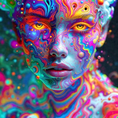 The primary subject of the image is a woman with vibrant, colorful makeup on her face. The setting is a dark room, and the visual style appears to be a combination of a photo and digital art. The woman's face is covered in a variety of colors, creating a striking and eye-catching appearance. The overall atmosphere of the image is lively and energetic, with the woman's makeup serving as a focal point and a reflection of her unique and creative style.